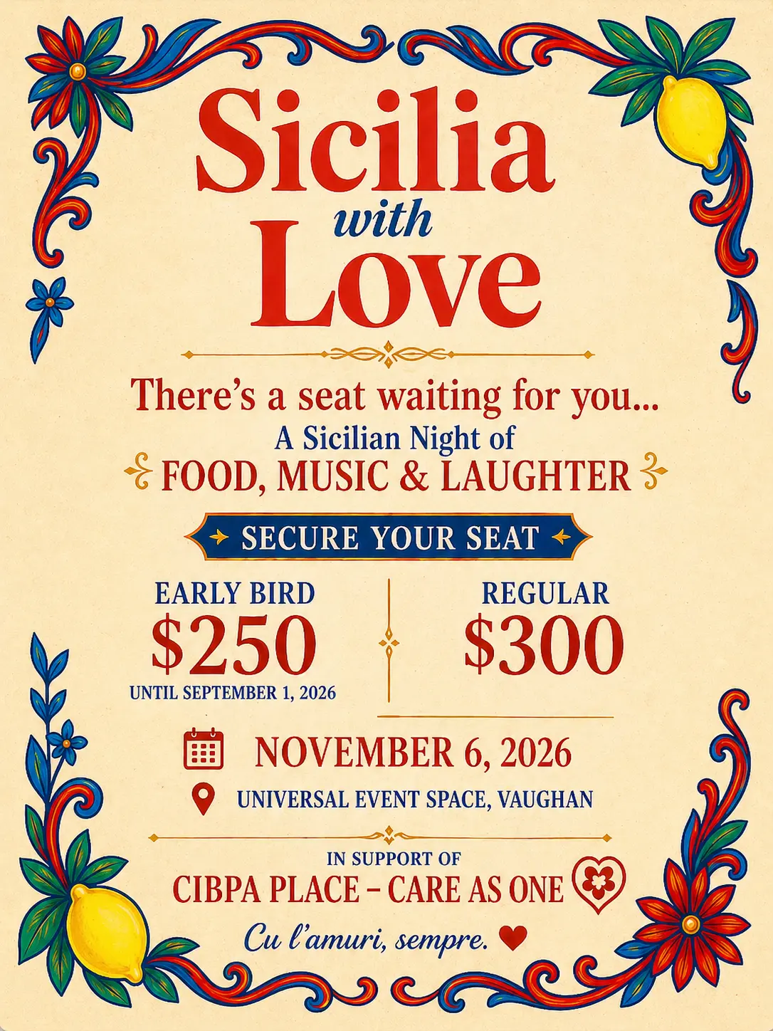Sicilia With Love Gala 2026 — 2nd Annual fundraising gala poster featuring Sicilian folk art