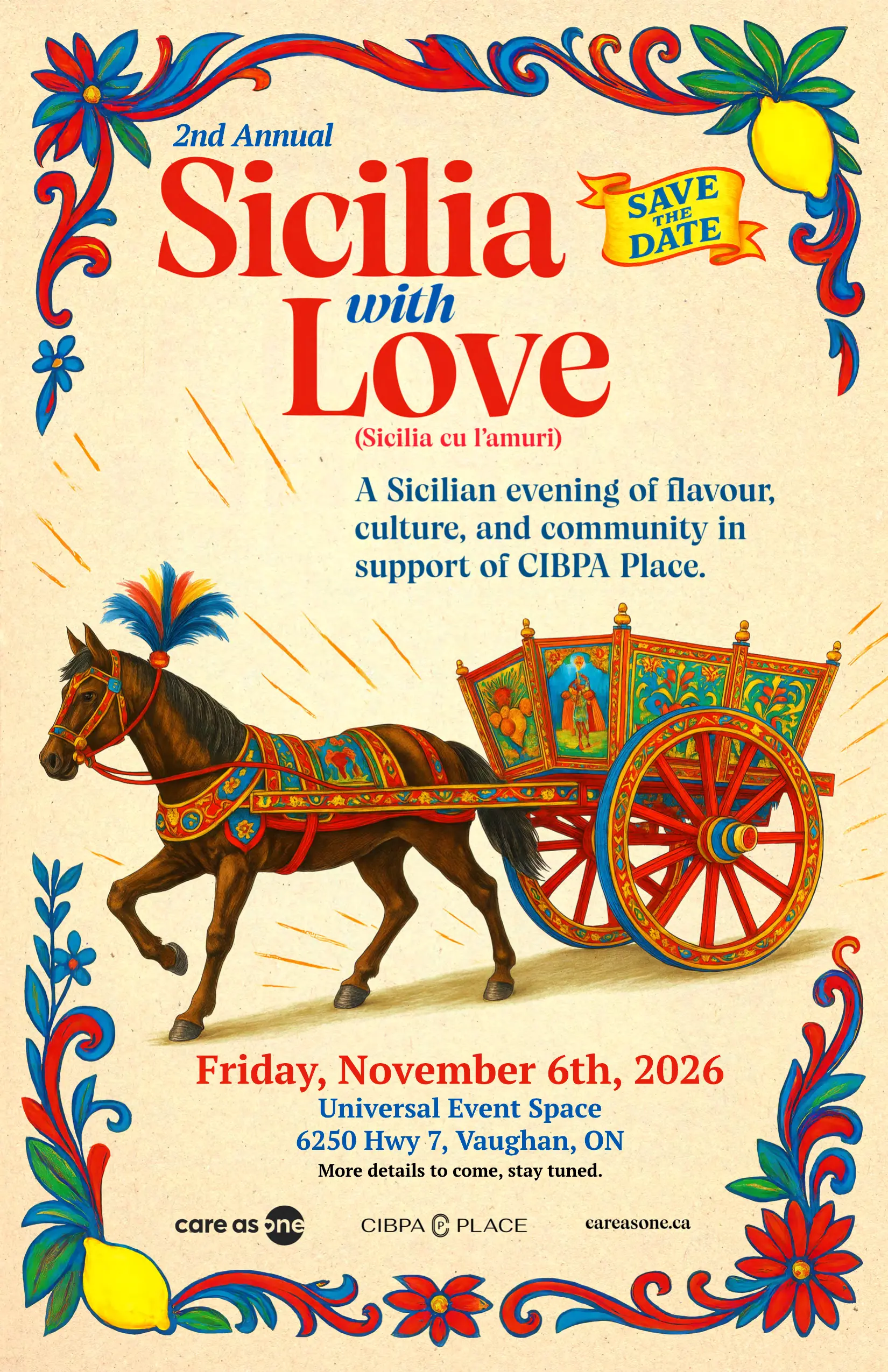 Save the Date — Sicilia With Love Gala, Friday November 6th 2026, Universal Event Space, Vaughan, featuring a traditional Sicilian horse and cart